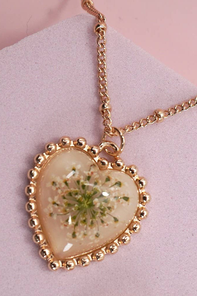 PRESSED FLOWER GOLD HEART NECKLACE
