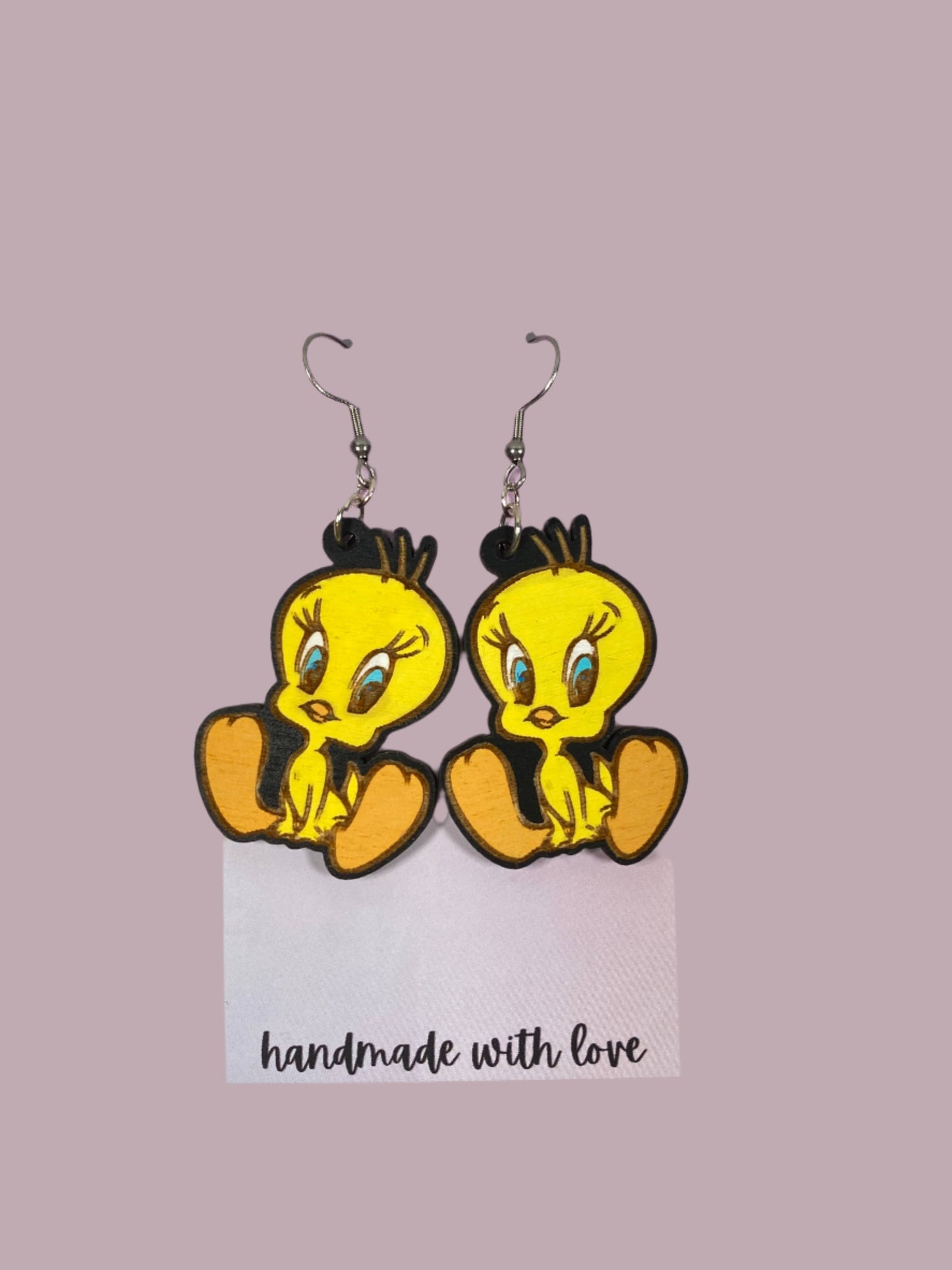 Tweetie Bird Hand Painted Wooden Wire EarringsPink tiful of LOVE