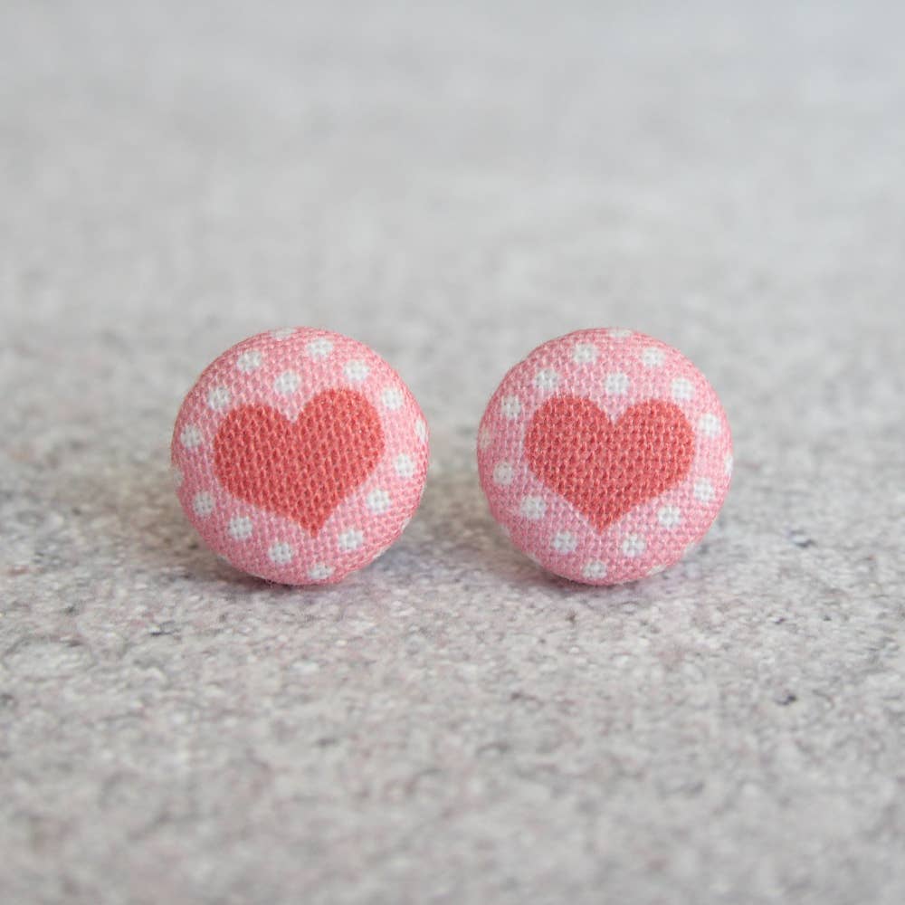 Polka Dot Heart Fabric (small) button Stud EarringsPink tiful of LOVE