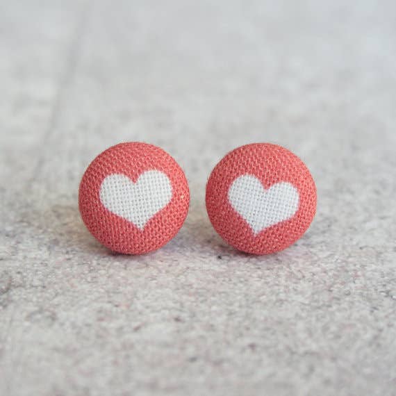 Red and White Heart Fabric (small) button Stud EarringsPink tiful of LOVE
