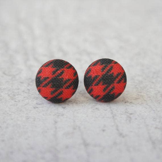 Red and Black Plaid (small) Fabric button Stud EarringsPink tiful of LOVE