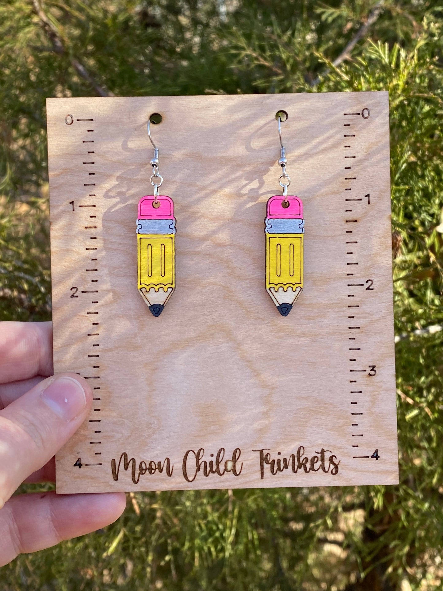 Moon Child Trinkets - No 2 Pencil Hand Painted Wood Dangle Earrings, Teacher GiftsMoon Child Trinkets