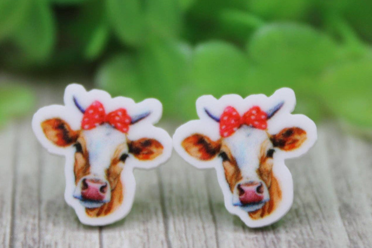 🐄 Mini Cow with Red Headband Stud Earrings
