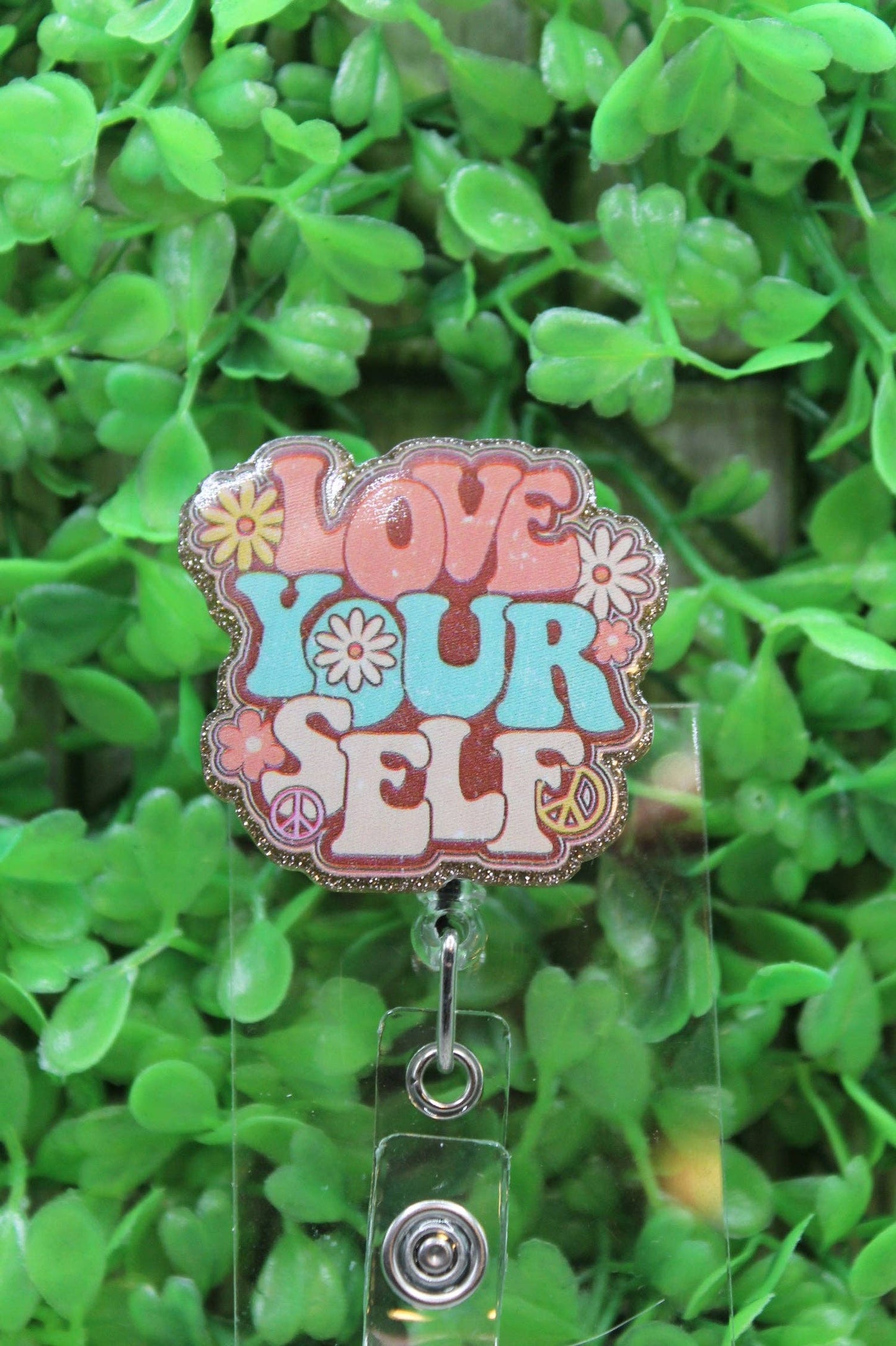 Love yourself Glitter Emblem – Badge Reel, Brooch, or Tie Tack