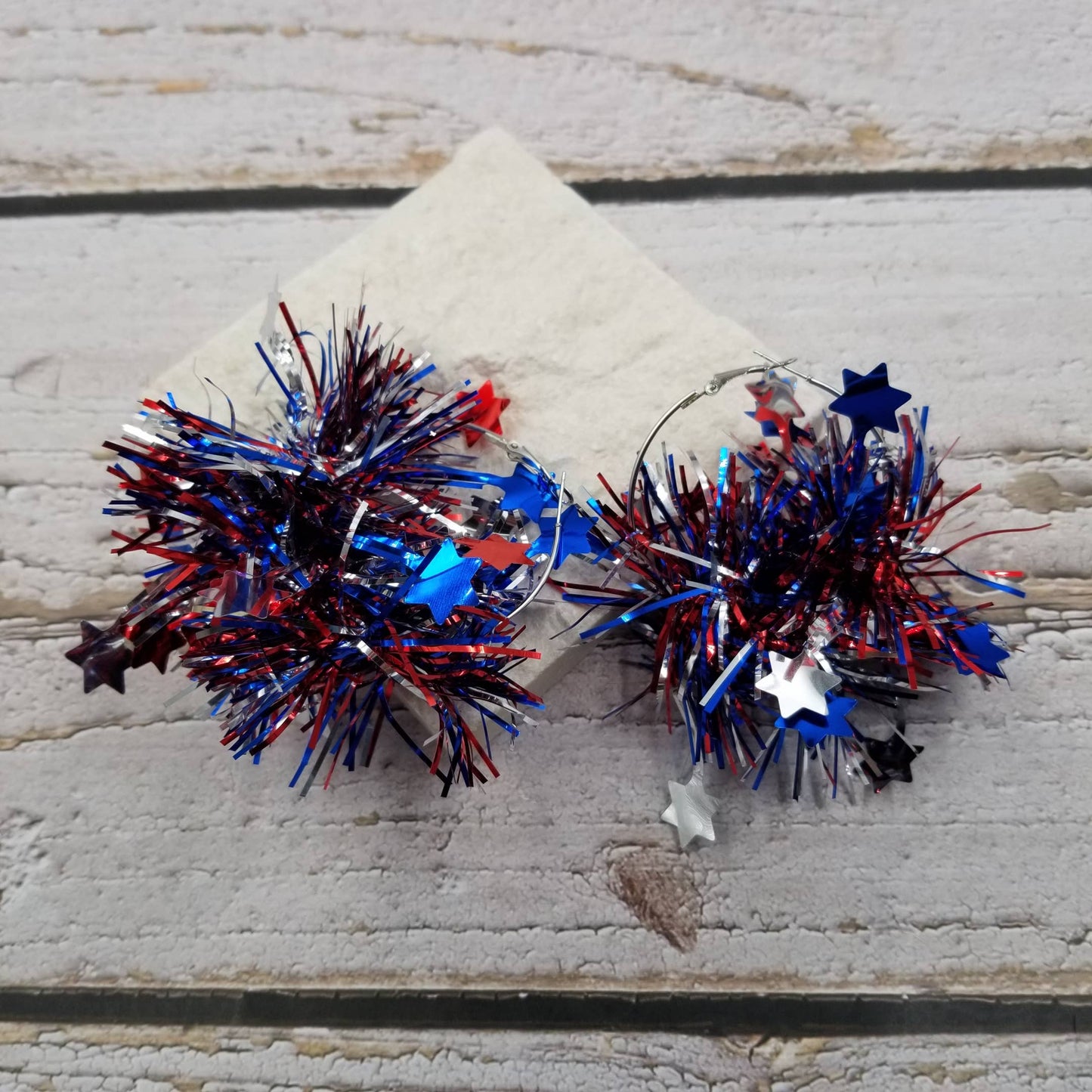 4th of July Patriotic Tinsel Star Hoop Earrings