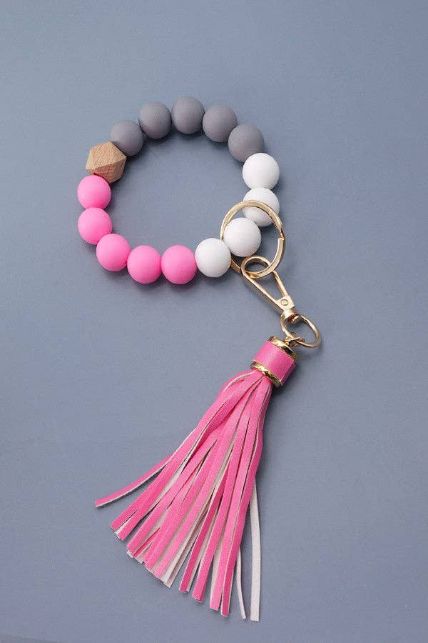 Pink, white & Grey Beaded Wristlet keychain with Tassel