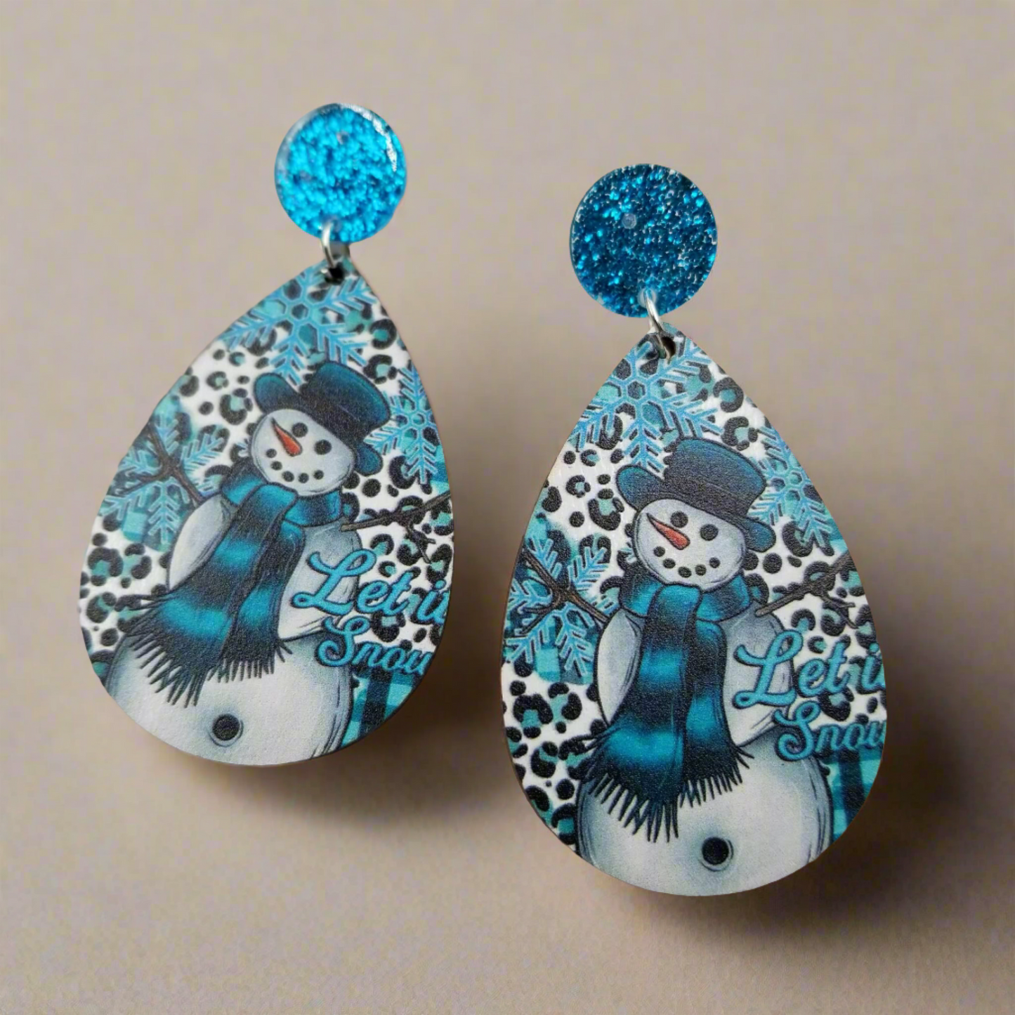 Ice Blue Snowman Teardrop Wooden Wire EarringsPink tiful of LOVE