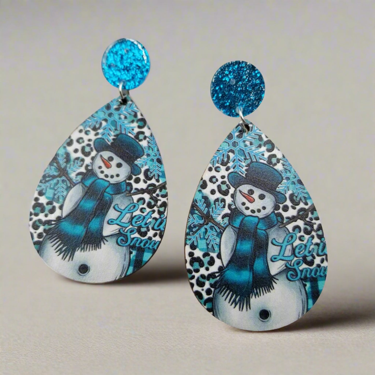 Ice Blue Snowman Teardrop Wooden Wire EarringsPink tiful of LOVE