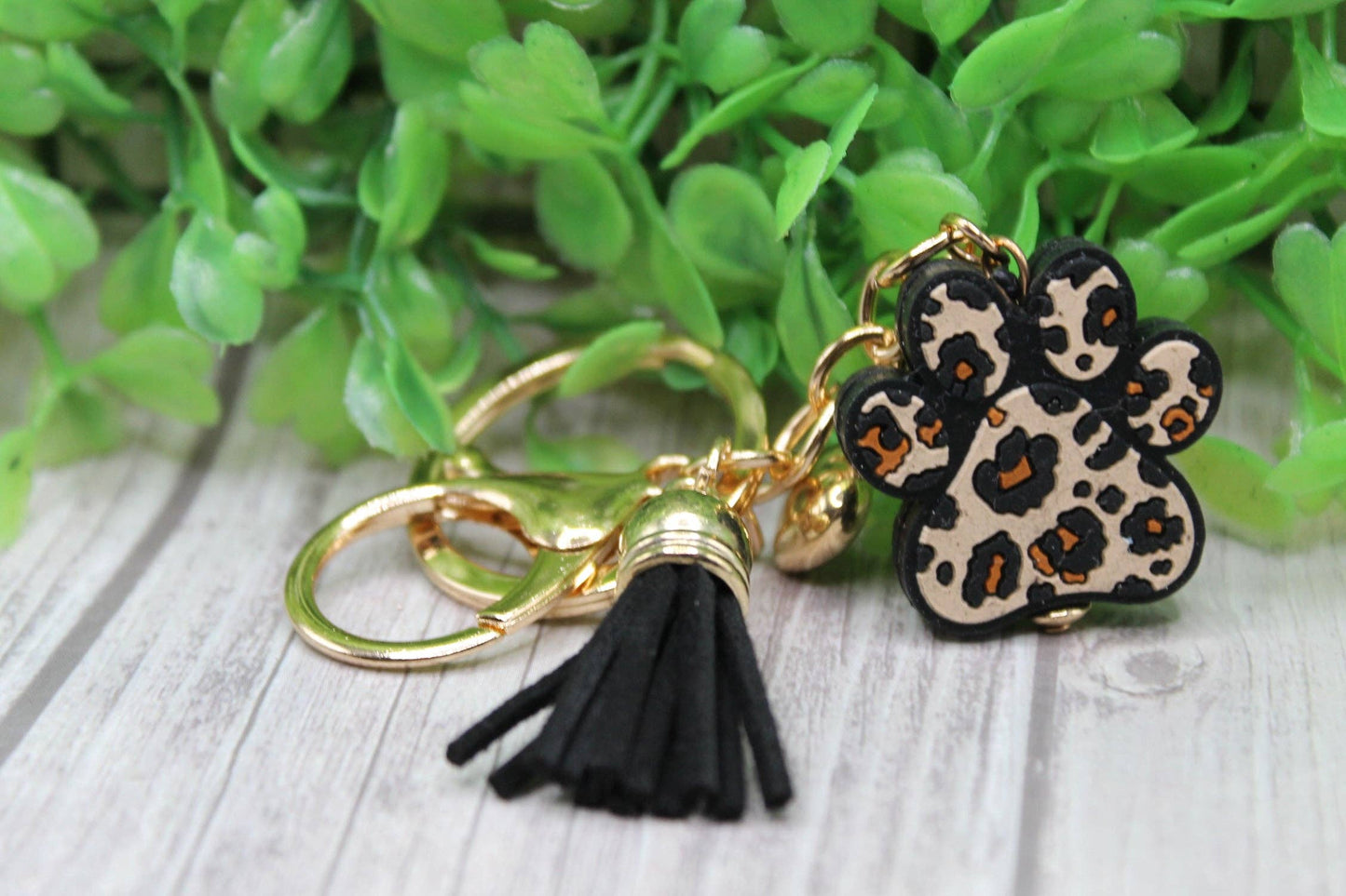 Brown Leopard Paw Print Keychain with Tassel & Gold Heart