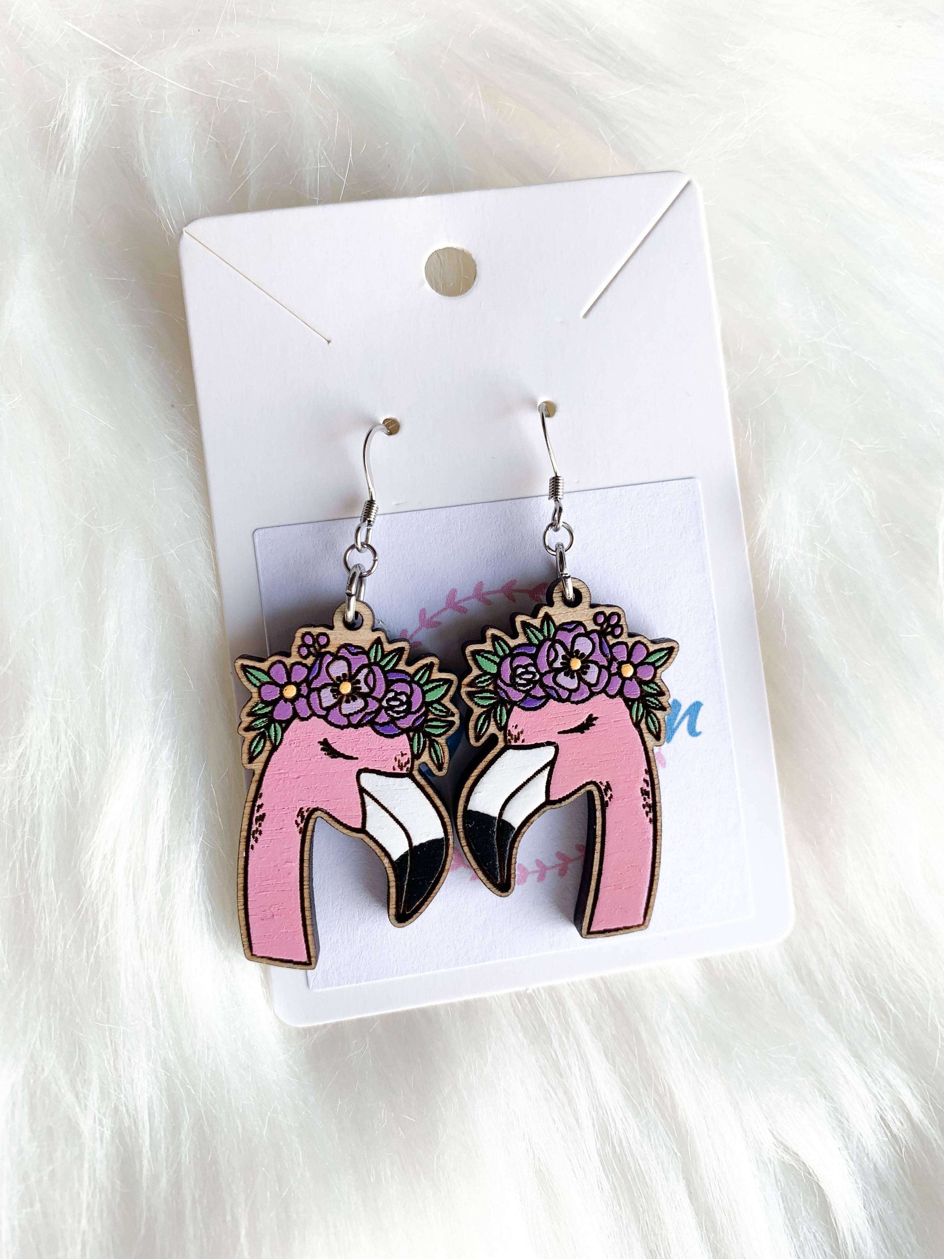 Flamingo with Flower Crown Wooden Wire EarringsPink tiful of LOVE