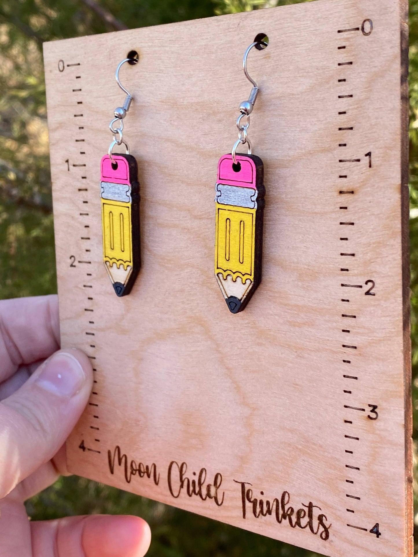 Moon Child Trinkets - No 2 Pencil Hand Painted Wood Dangle Earrings, Teacher GiftsMoon Child Trinkets