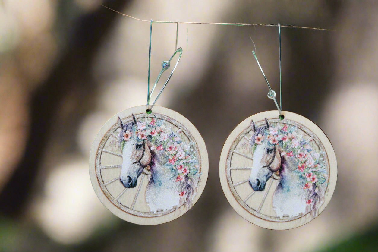 🐎🌸 Floral Horse Dangle Earrings – Handcrafted Wooden Jewelry