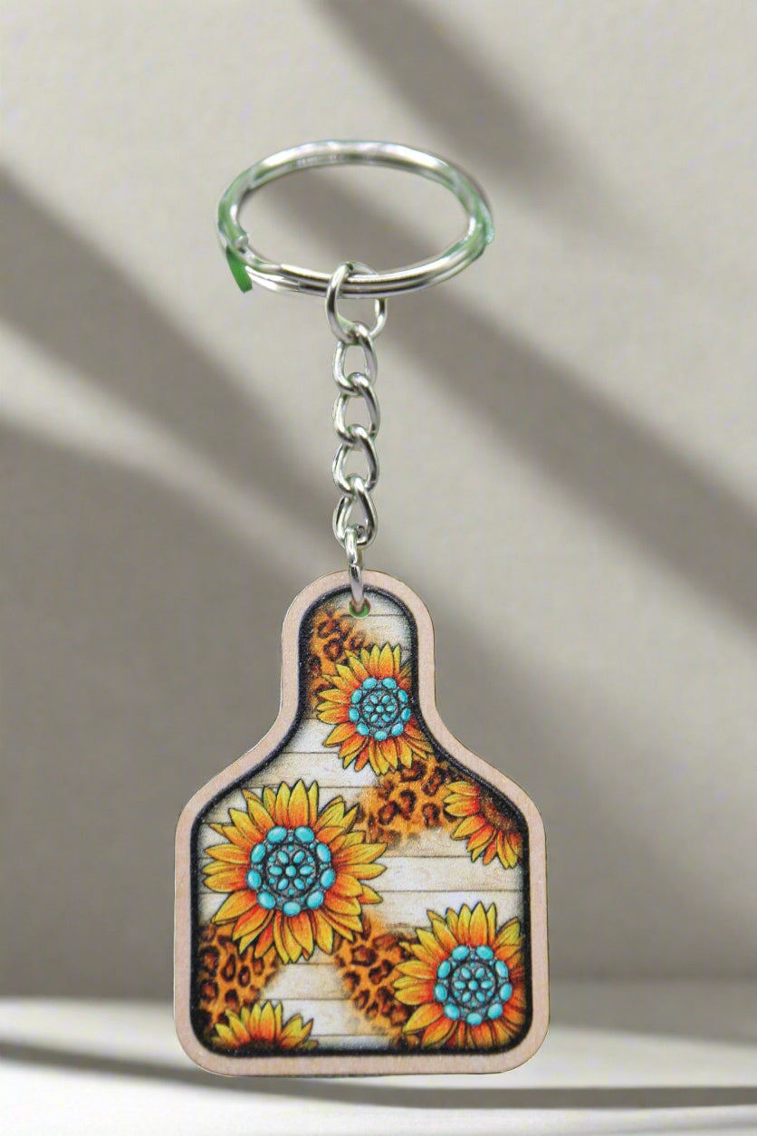 🌻 Turquoise Sunflower Cow Tag Wooden Keychain