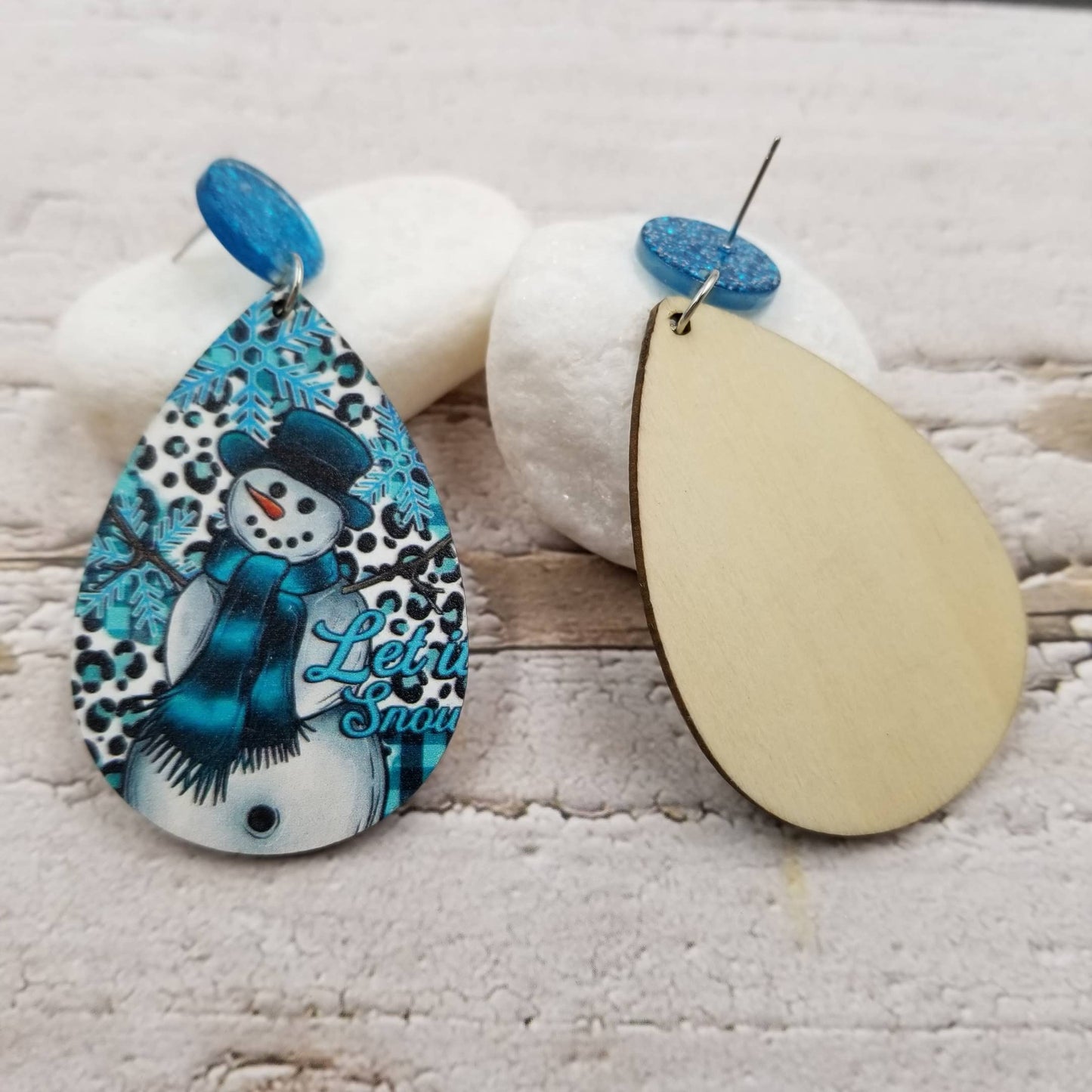 Ice Blue Snowman Teardrop Wooden Wire EarringsPink tiful of LOVE