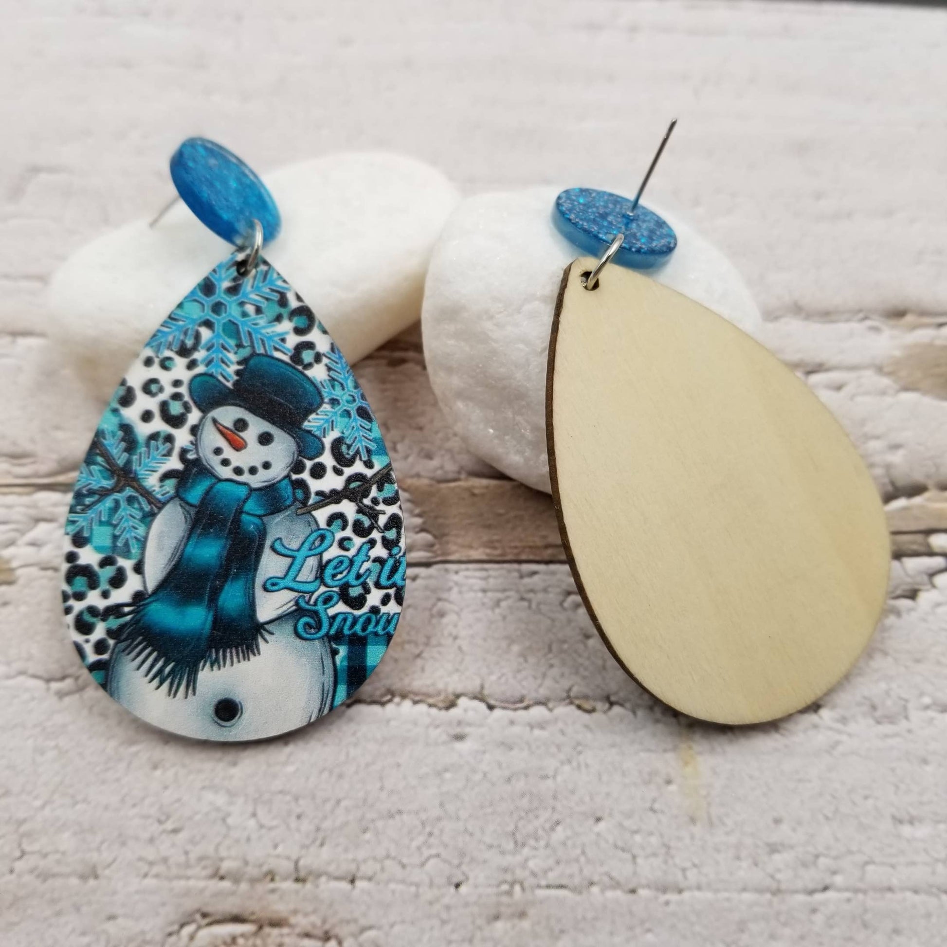 Ice Blue Snowman Teardrop Wooden Wire EarringsPink tiful of LOVE