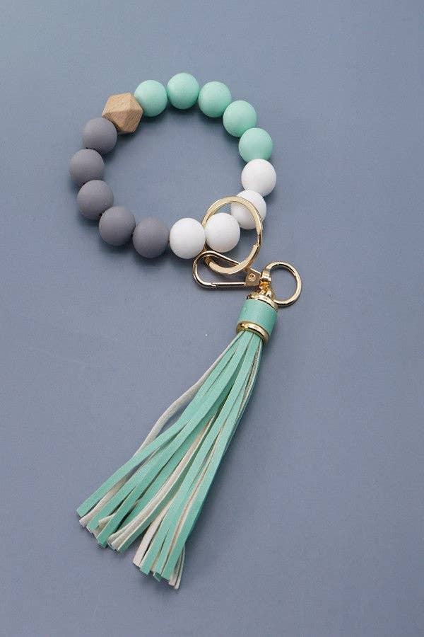 Mint & Grey Beaded Wristlet Keychain with Tassel