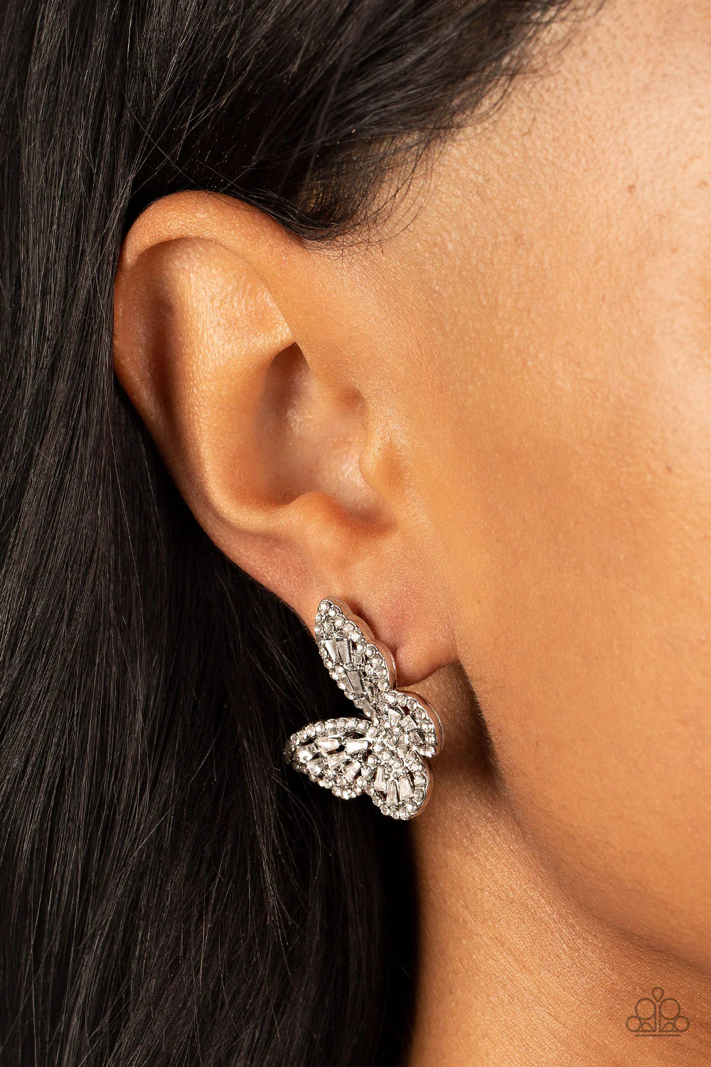 White Rhinestone Silver Butterfly Stud Earrings