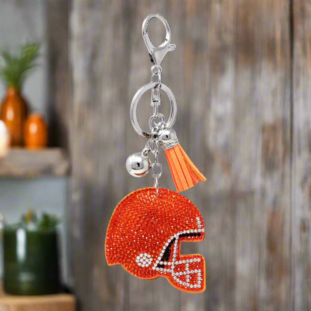 Bling Crystal Orange Football Helmet Key Chain