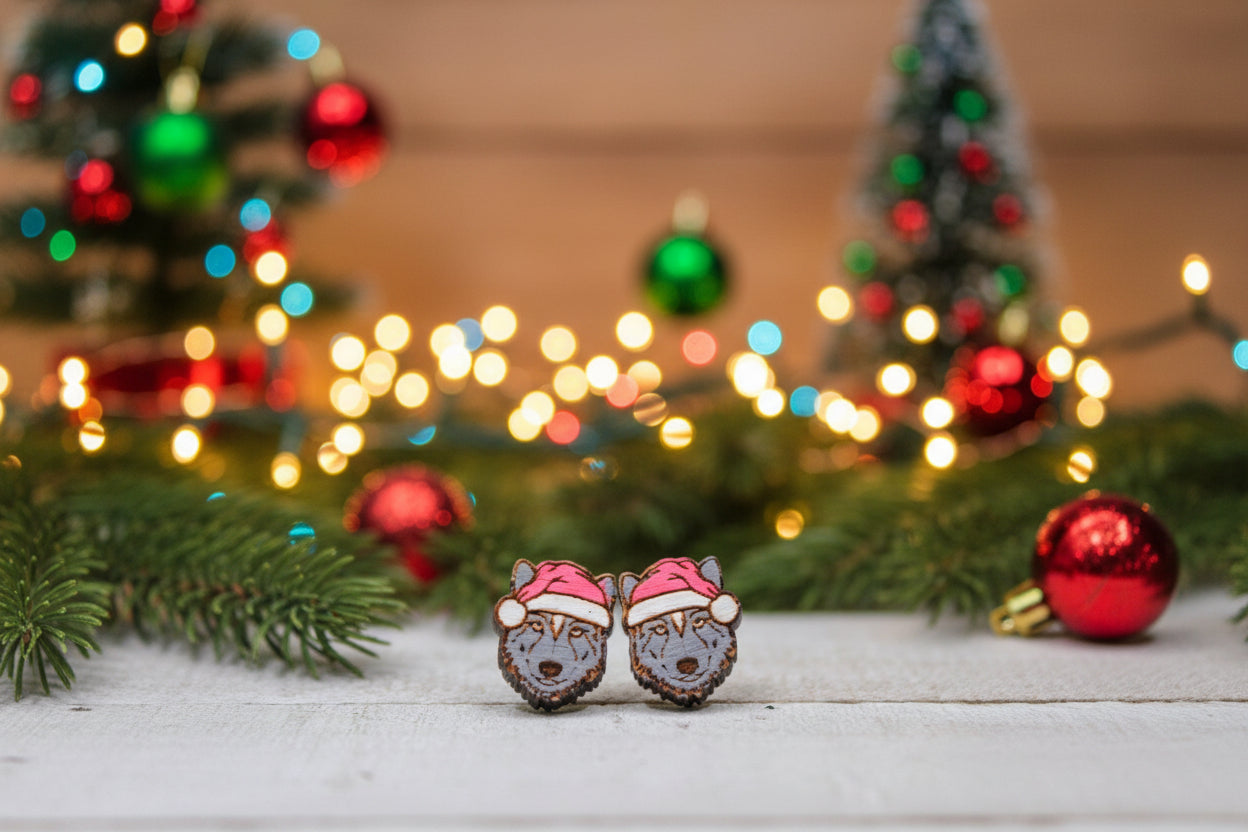Santa Hat Wolf Stud Earrings | Handmade Wooden Holiday Jewelry