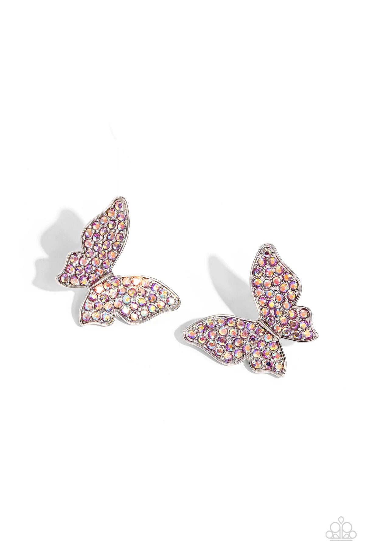 Pink  Iridescent Rhinestone Butterfly Silver Stud Earrings