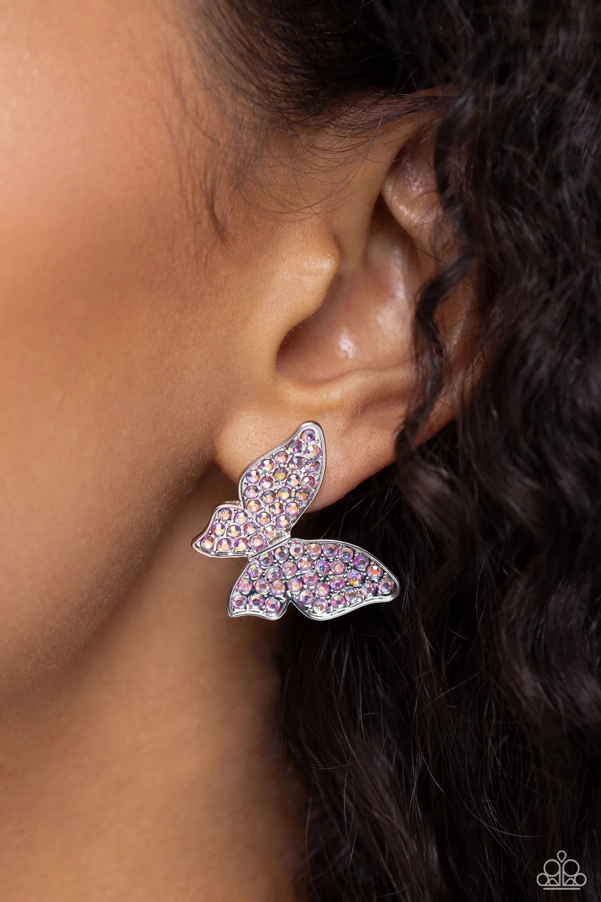Pink  Iridescent Rhinestone Butterfly Silver Stud Earrings