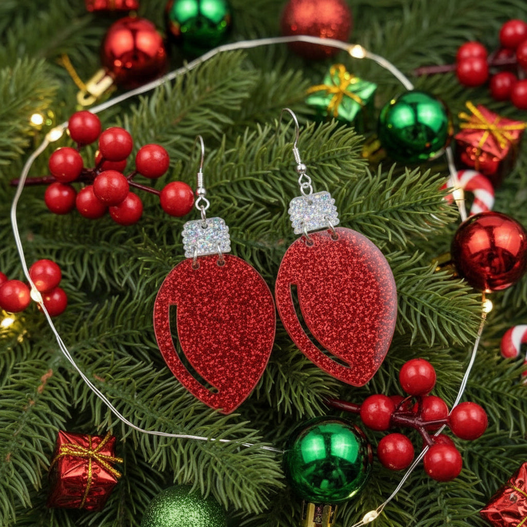 Glitter Red Bulb Christmas Earrings – Festive Acrylic Holiday Lights