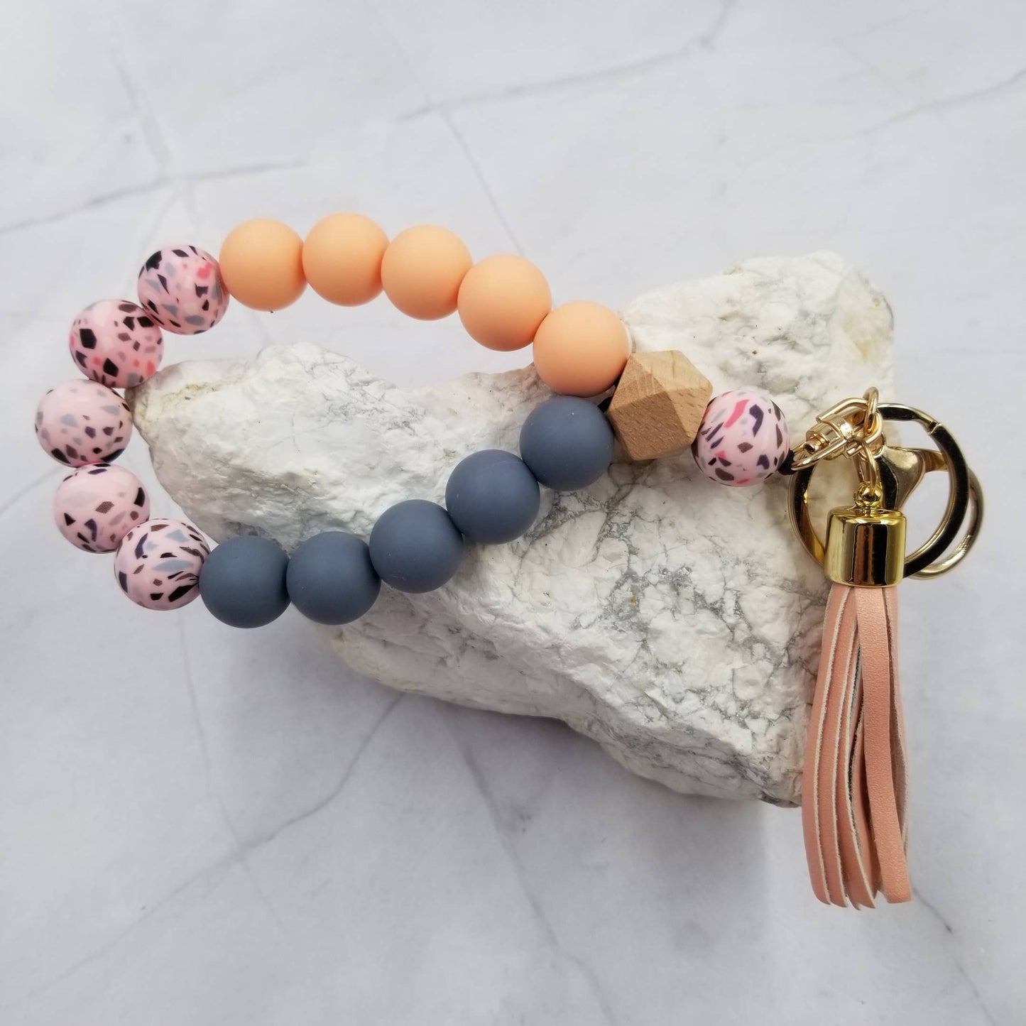Pink Tie-Dye Silicone Bead Bangle Keychain – Handmade Wristlet with Tassel