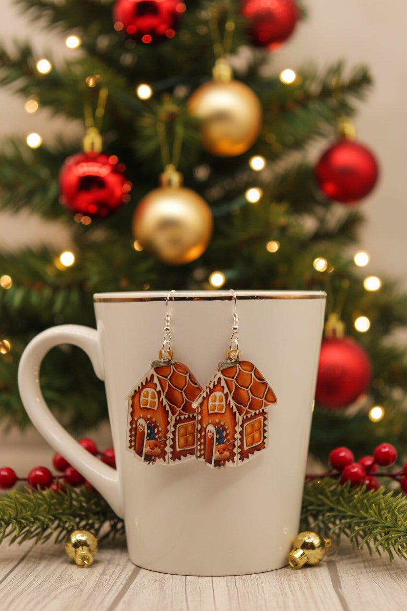 Gingerbread House Earrings – Handmade Acrylic Christmas Dangles