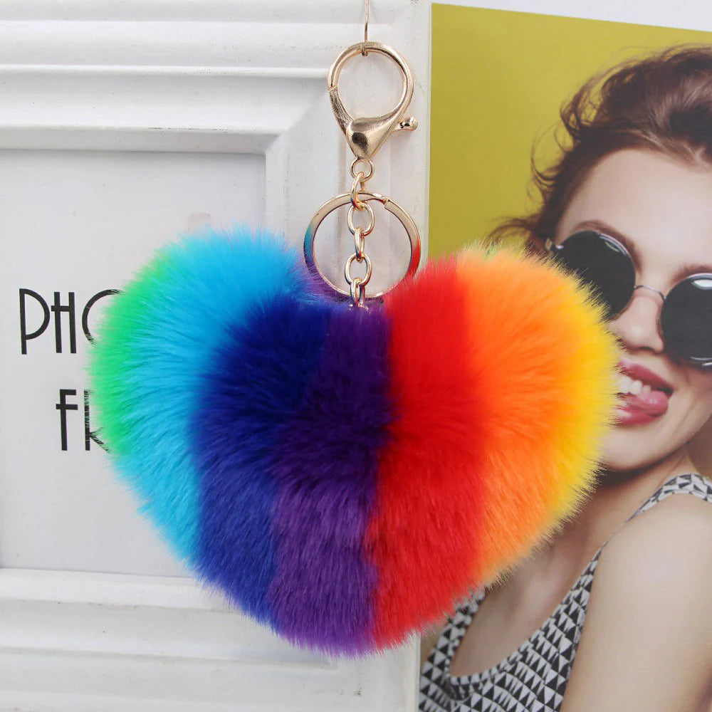 Rainbow Heart Imitation Rabbit Fur Key Chain