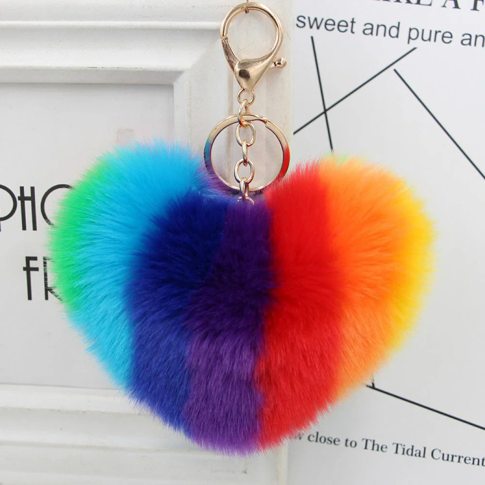 Rainbow Heart Imitation Rabbit Fur Key Chain