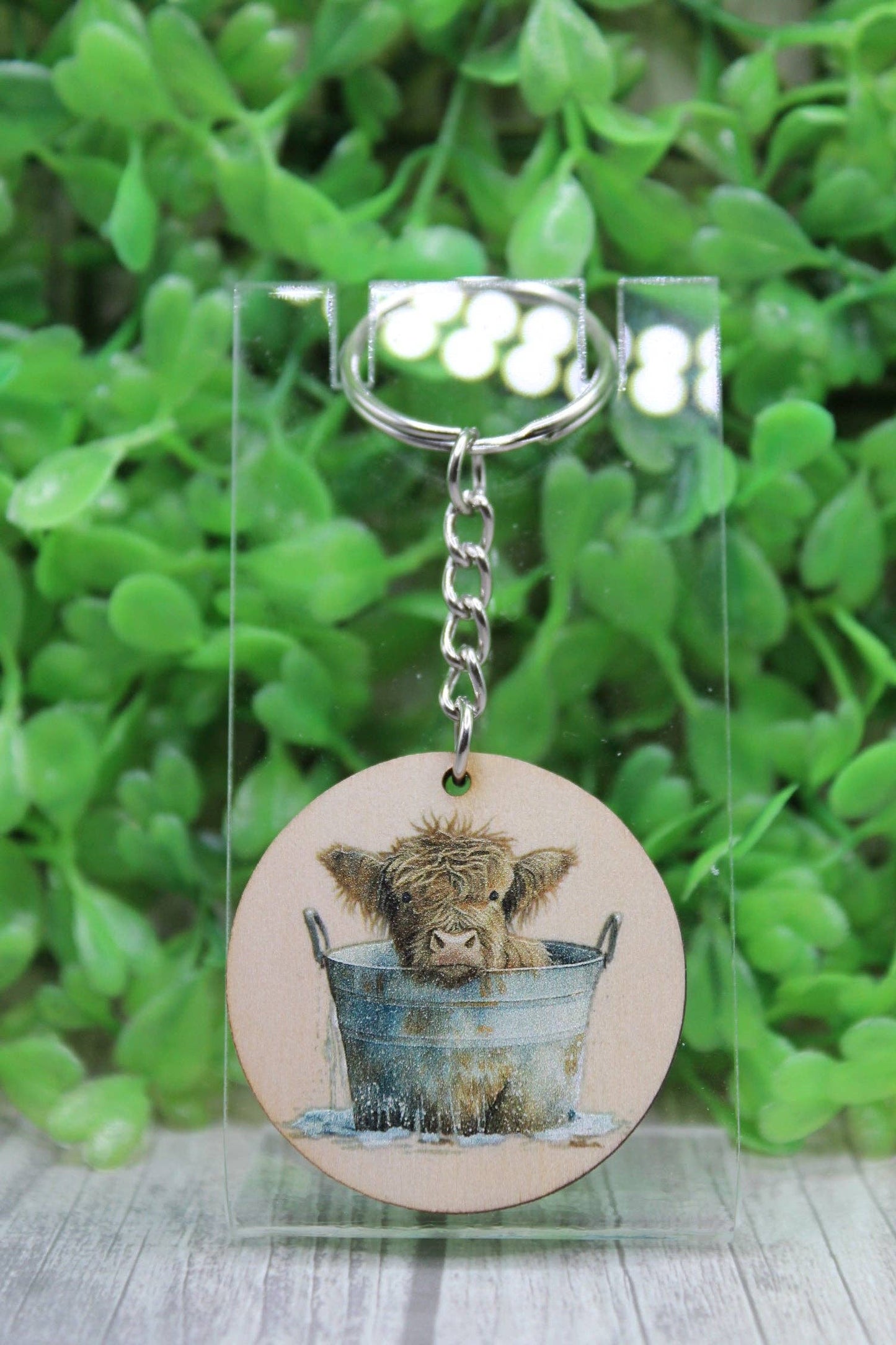 🐮 Highland Cow in a Bucket Wooden Keychain
