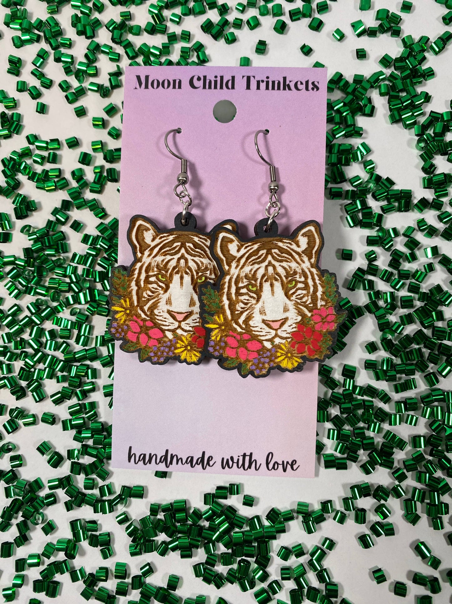 White Tiger Hand Painted Wooden Wire EarringsPink tiful of LOVE