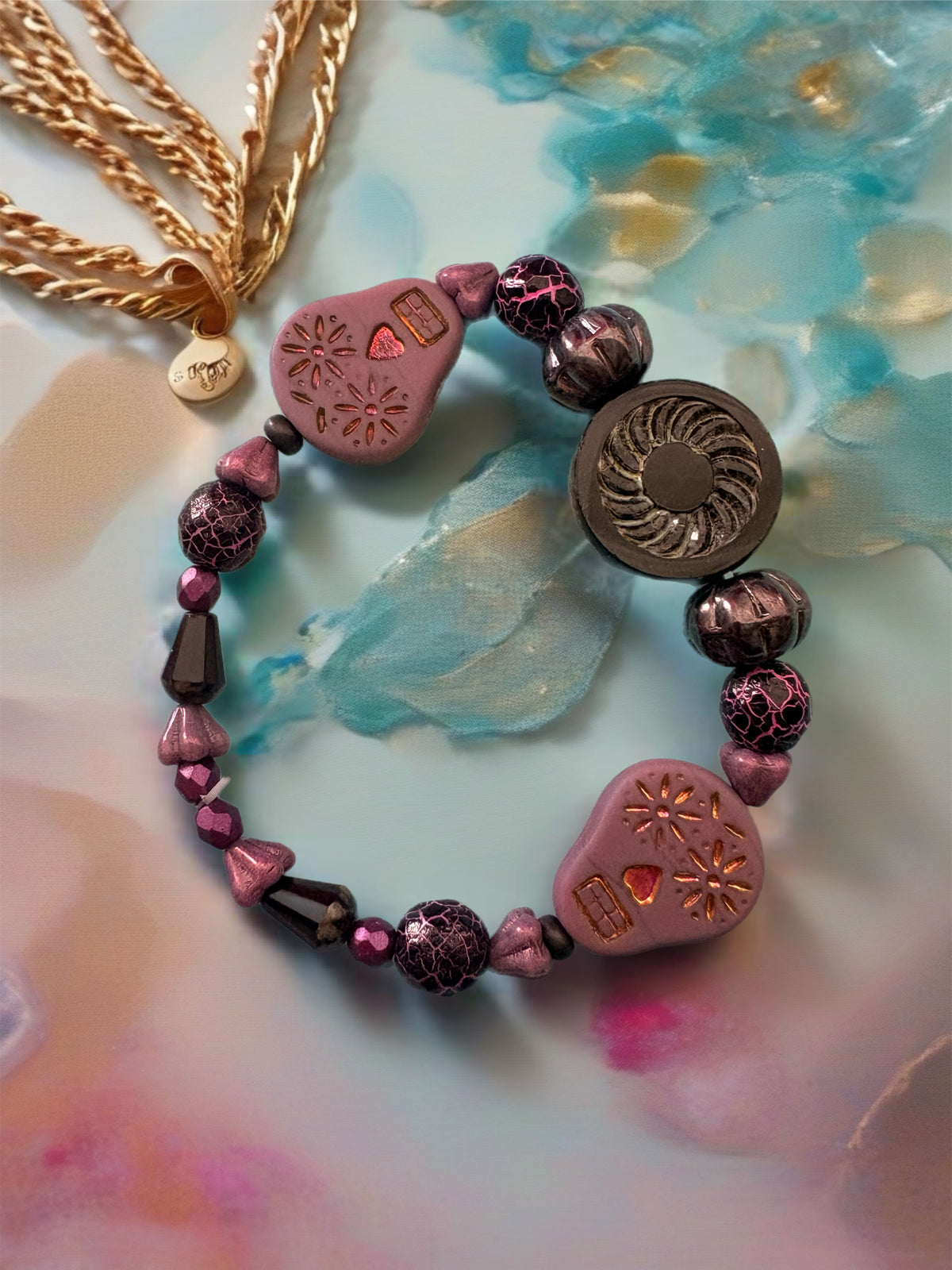 Purple Days of the Dead Czech Glass Beaded Stretch Bracelet — Sugar Skull, 7"