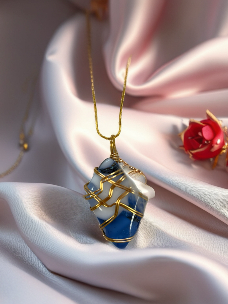 Fused Glass Wire Wrapped-blue and White diamon Shaped Pendant on a gold Chain Necklace (Copy)