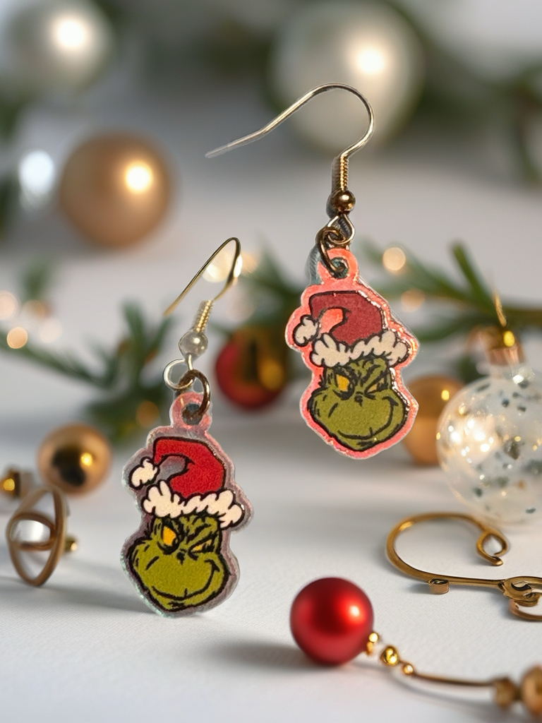 Mischievous Holiday Grinch Charm Earrings – Festive Acrylic Christmas Jewelry