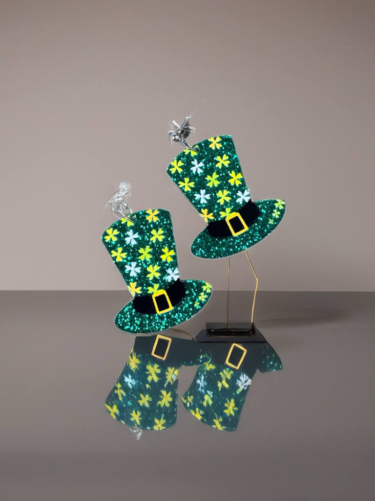 Glitter Leprechaun Hat Drop Earrings – St. Patrick’s Day Acrylic Ball Post Earrings