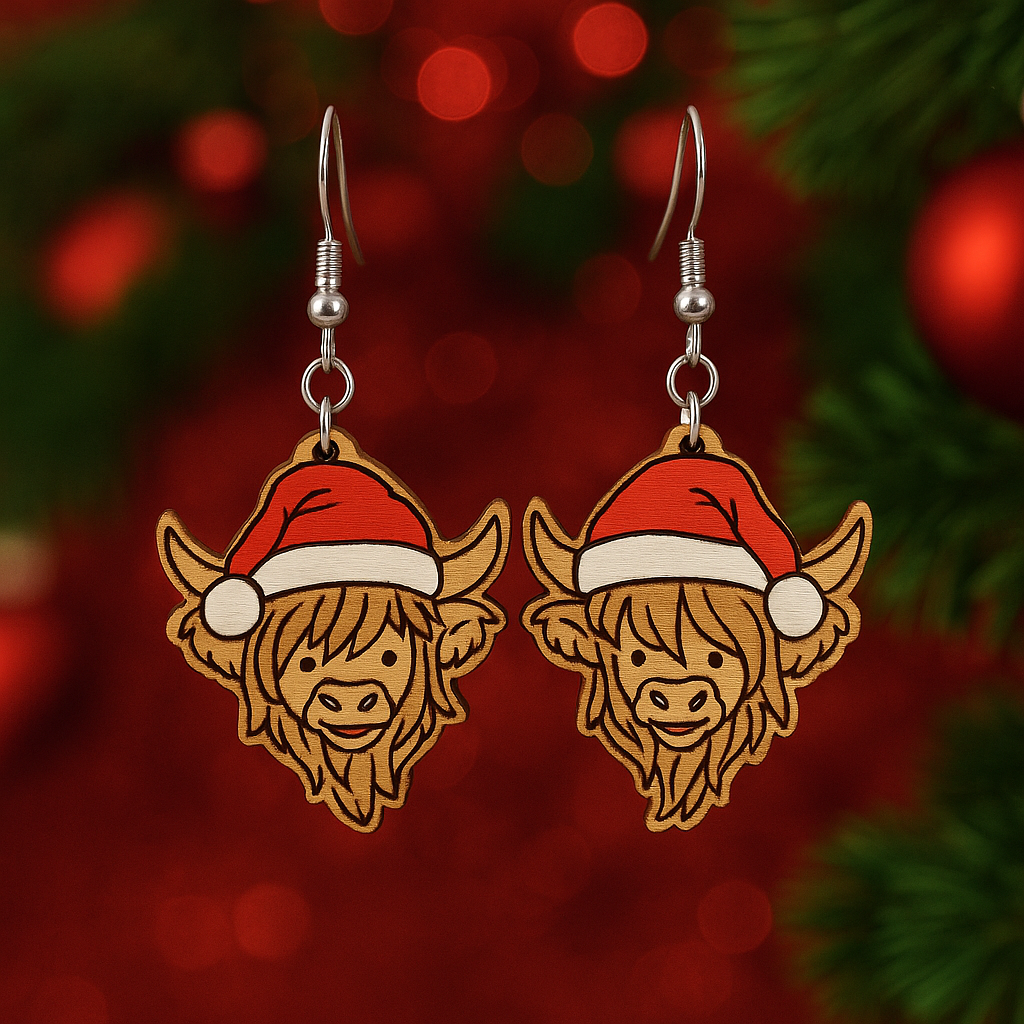 Holiday Highland Cow Earrings – Handcrafted Wooden Christmas Jewel