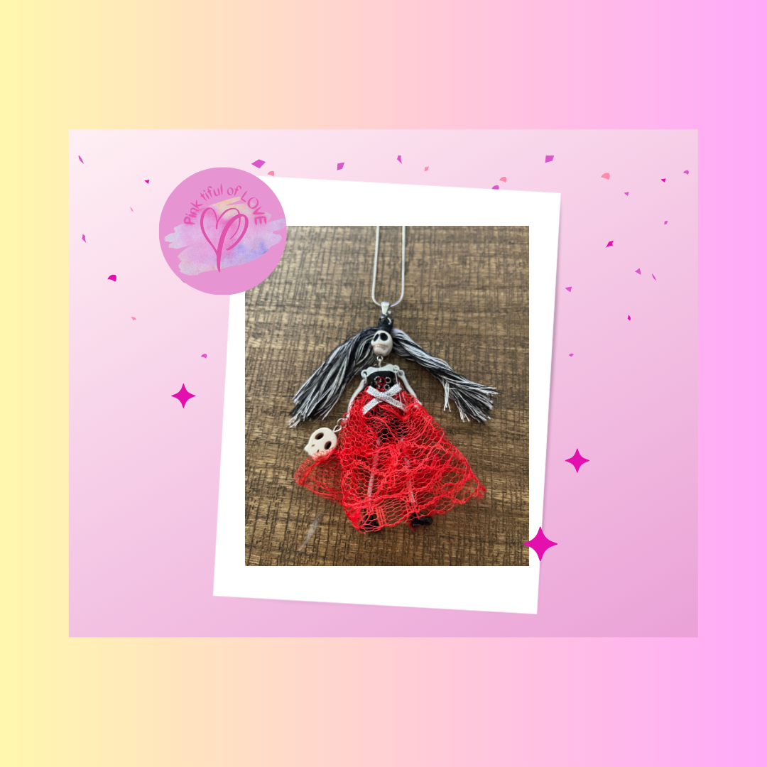 Halloween Gray and Black Hair Skeleton Pendant on a Silver Chain NecklacePink tiful of LOVE