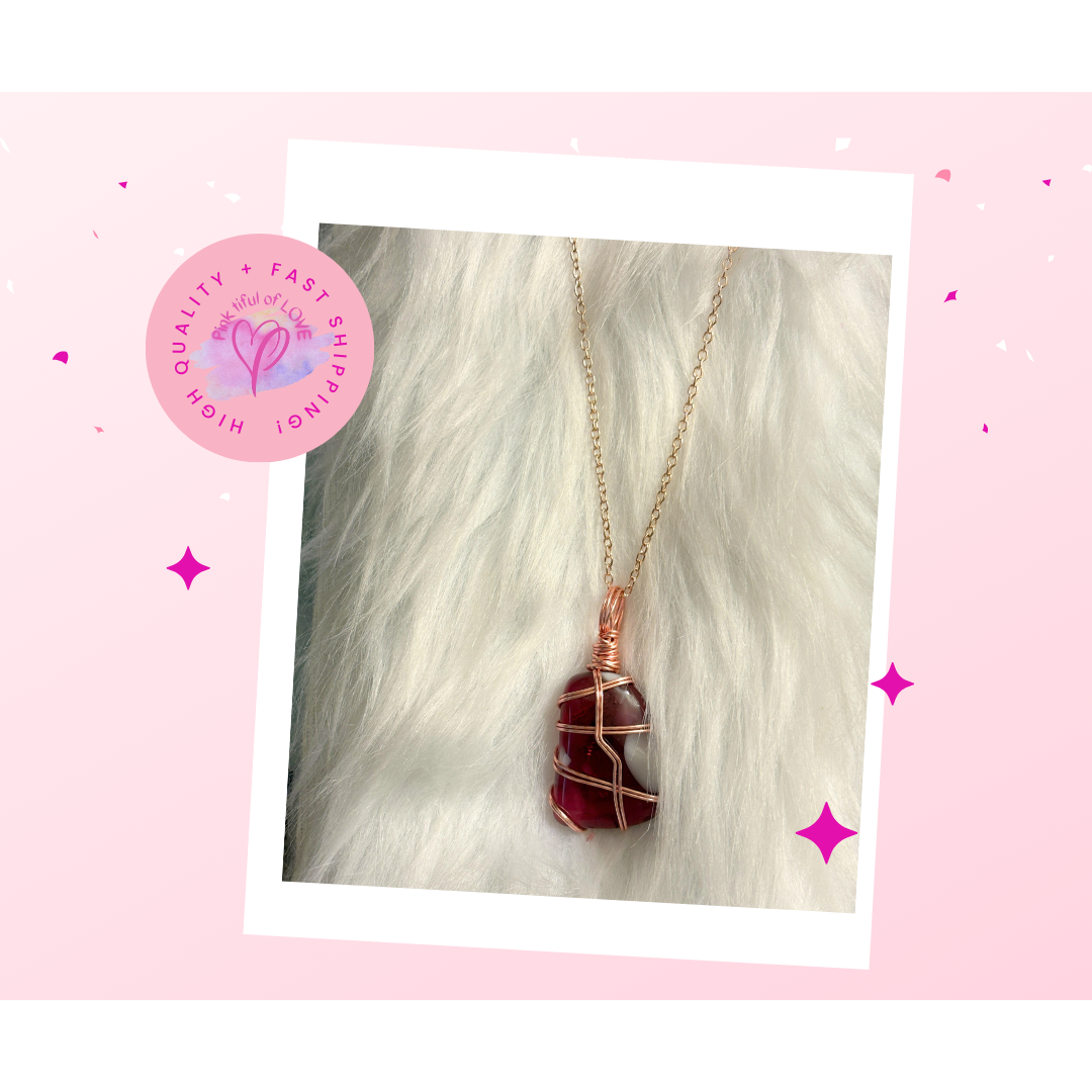 Fused Glass Wire Wrapped-Pink & White Irregular Shaped Pendant on a Rose Gold Chain Necklace