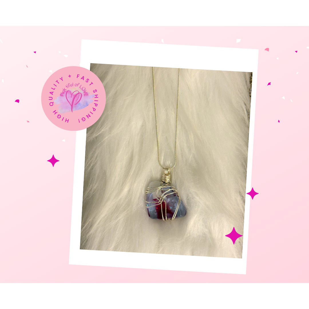 Fused Glass Wire Wrapped-white, pink & Purple Irregular Shaped Pendant on a Silver Chain Necklace