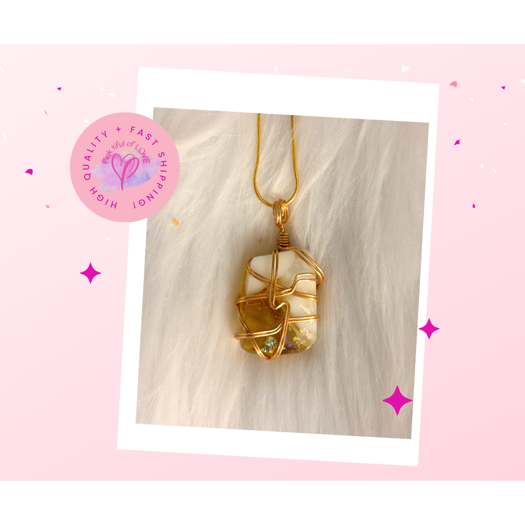 Fused Glass Wire Wrapped-white and gold square Shaped Pendant on a gold Chain Necklace