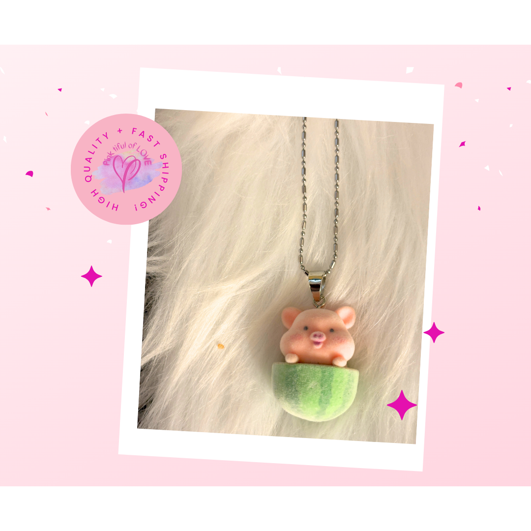 Flocked Pig in a Watermelon Pendant on a dainty silver Chain Necklace