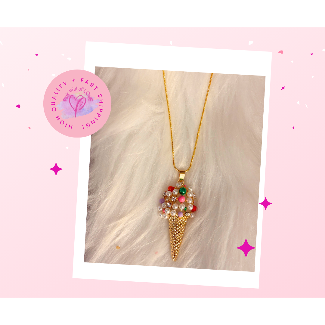 Ice Cream Rhinestone and Plastic Pearl Pendant on a Gold chain Necklace