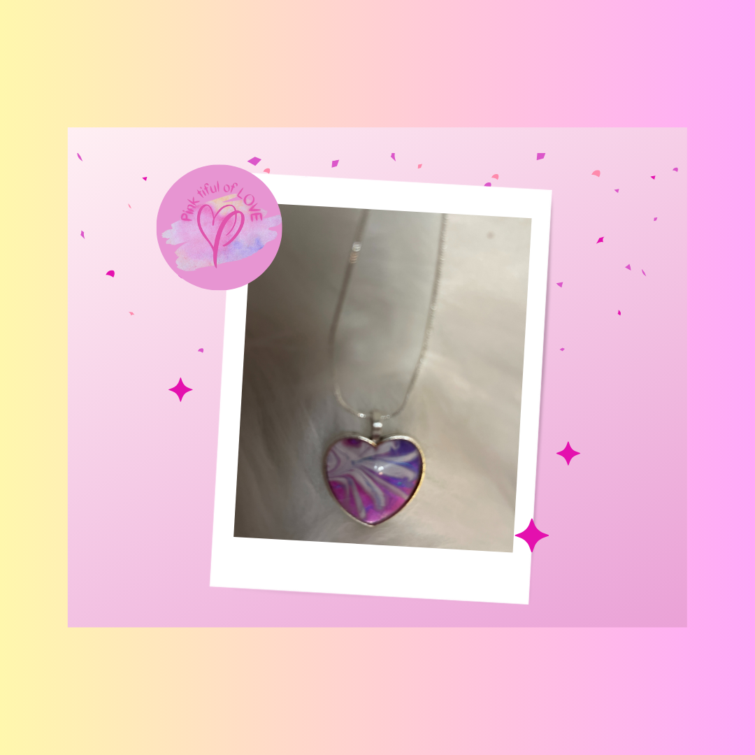 Acrylic Pour Paint - Pink, Purple & White Heart Pendant on a Silver Chain NecklacePink tiful of LOVE