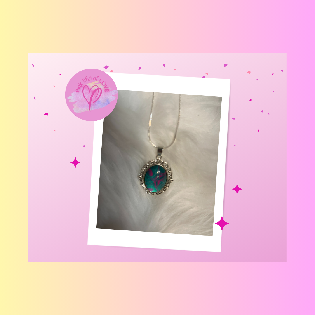 Acrylic Pour Paint - Pink & Blue Oblong Pendant on a Silver Chain NecklacePink tiful of LOVE