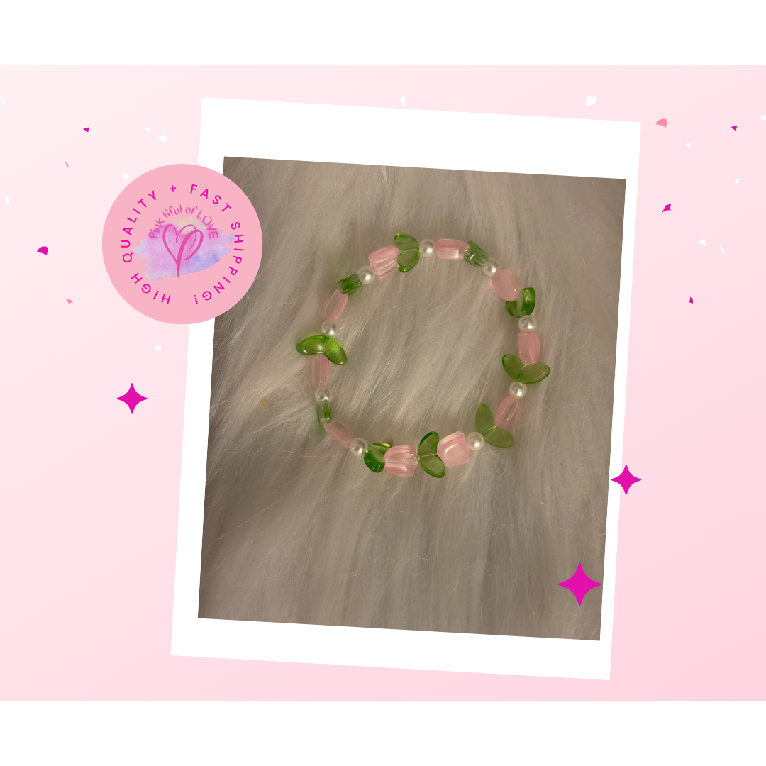 Pink Tulip Coated Glass Beaded Bracelet