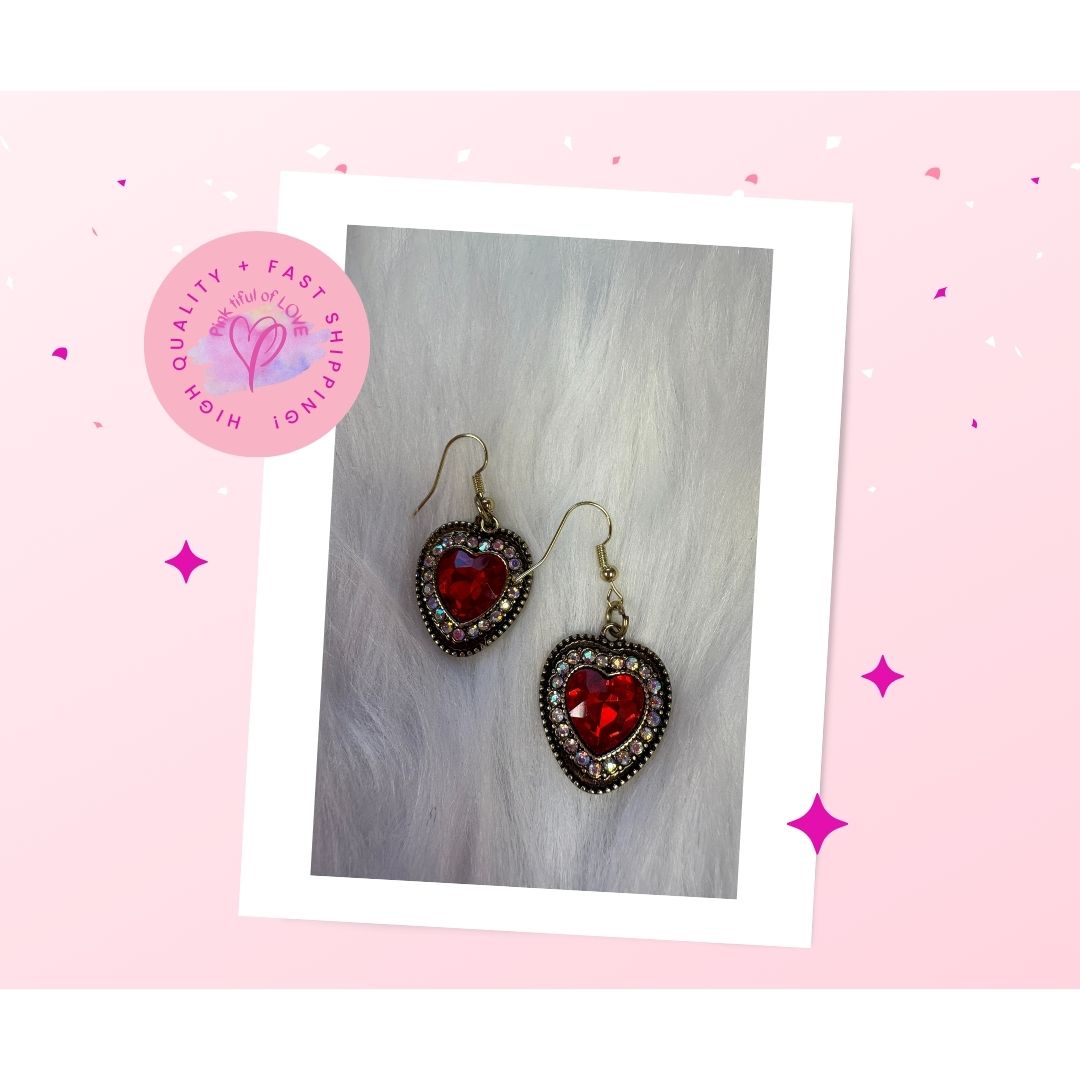Red Heart Rhinestone dangling earrings