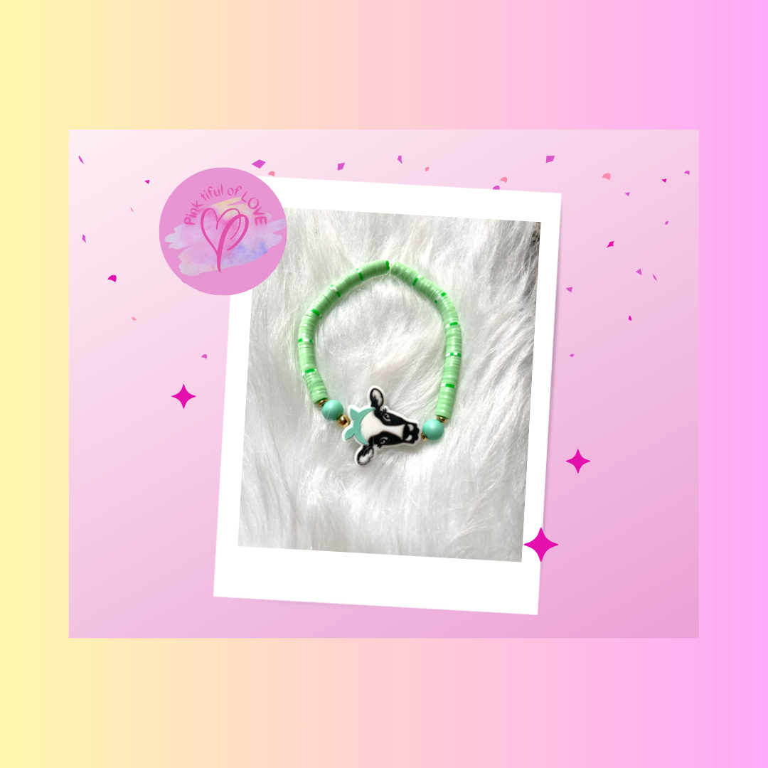 Teal Cow and Green Clay Beaded Stretch BraceletPink tiful of LOVE