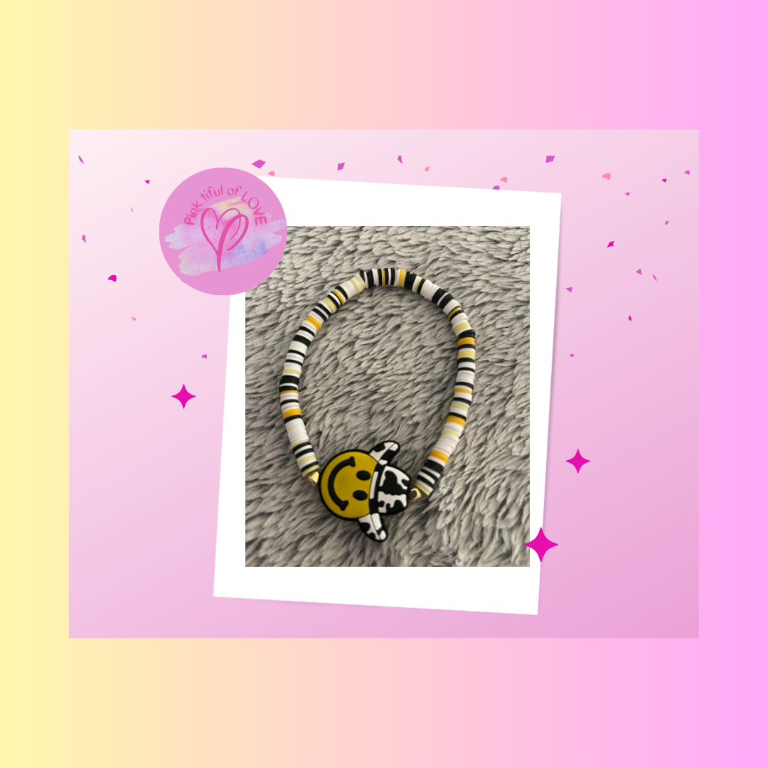 Smiley Face Cowboy Clay Beaded Stretch BraceletPink tiful of LOVE