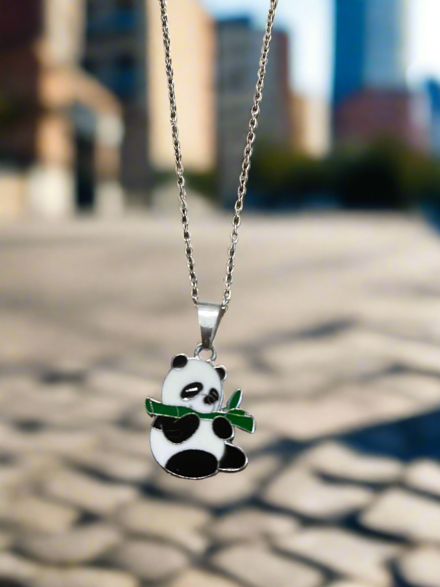 So Cute Panda with a bamboo Pendant on a Silver Chain NecklacePink tiful of LOVE